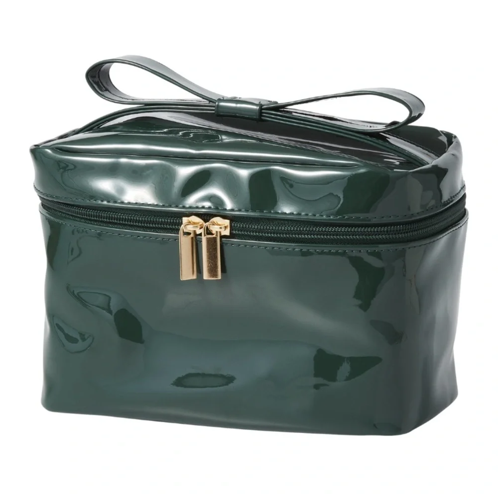 Green Faux Patent Leather Zip Top Makeup Case with Bow
